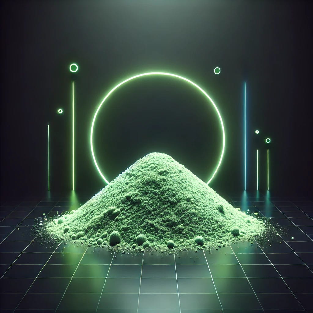A minimalist depiction of green powder with a cyberpunk aesthetic. The powder is arranged in a smooth pile with soft glowing green light surrounding it, against a simple dark background. The setting includes subtle neon accents in green and blue with faint, futuristic geometric lines to hint at a high-tech theme, without intricate details or distractions. A minimalist depiction of green powder with a cyberpunk aesthetic. The powder is arranged in a smooth pile with soft glowing green light surrounding it, against a simple dark background. The setting includes subtle neon accents in green and blue with faint, futuristic geometric lines to hint at a high-tech theme, without intricate details or distractions.